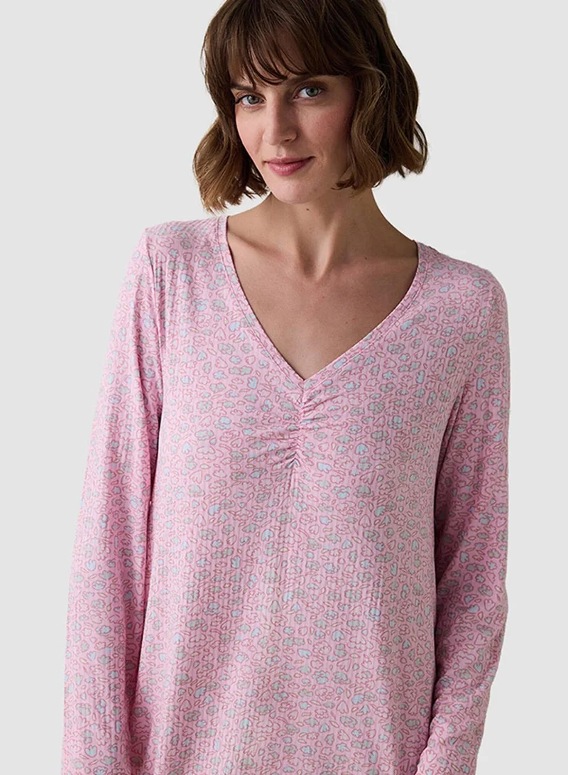 بنتي Not Today Floral Patterned Crew Neck Long Sleeve Nightgown